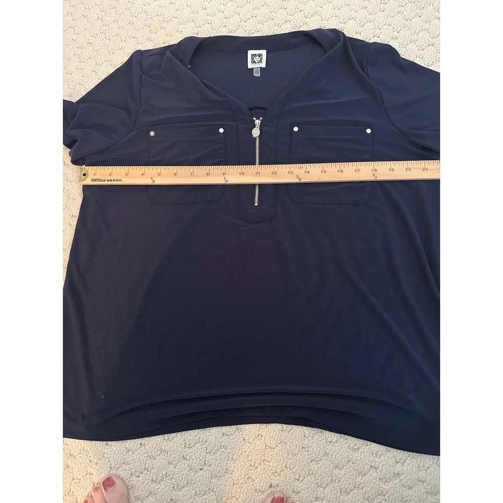 Anne Klein Womens 1X Navy Blue V Neck Zipper Pocket Short Sleeve Top Shirt - Picture 5 of 6